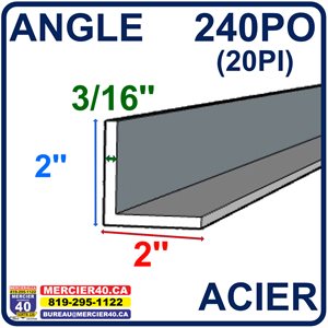 ACIER ANGLE NEUF - 2PO X 2PO X 3 / 16PO X 240PO (20PI)