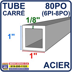 ACIER TUBE NEUF - 1PO X 1PO X 1 / 8PO X 80PO (6PI-8PO)